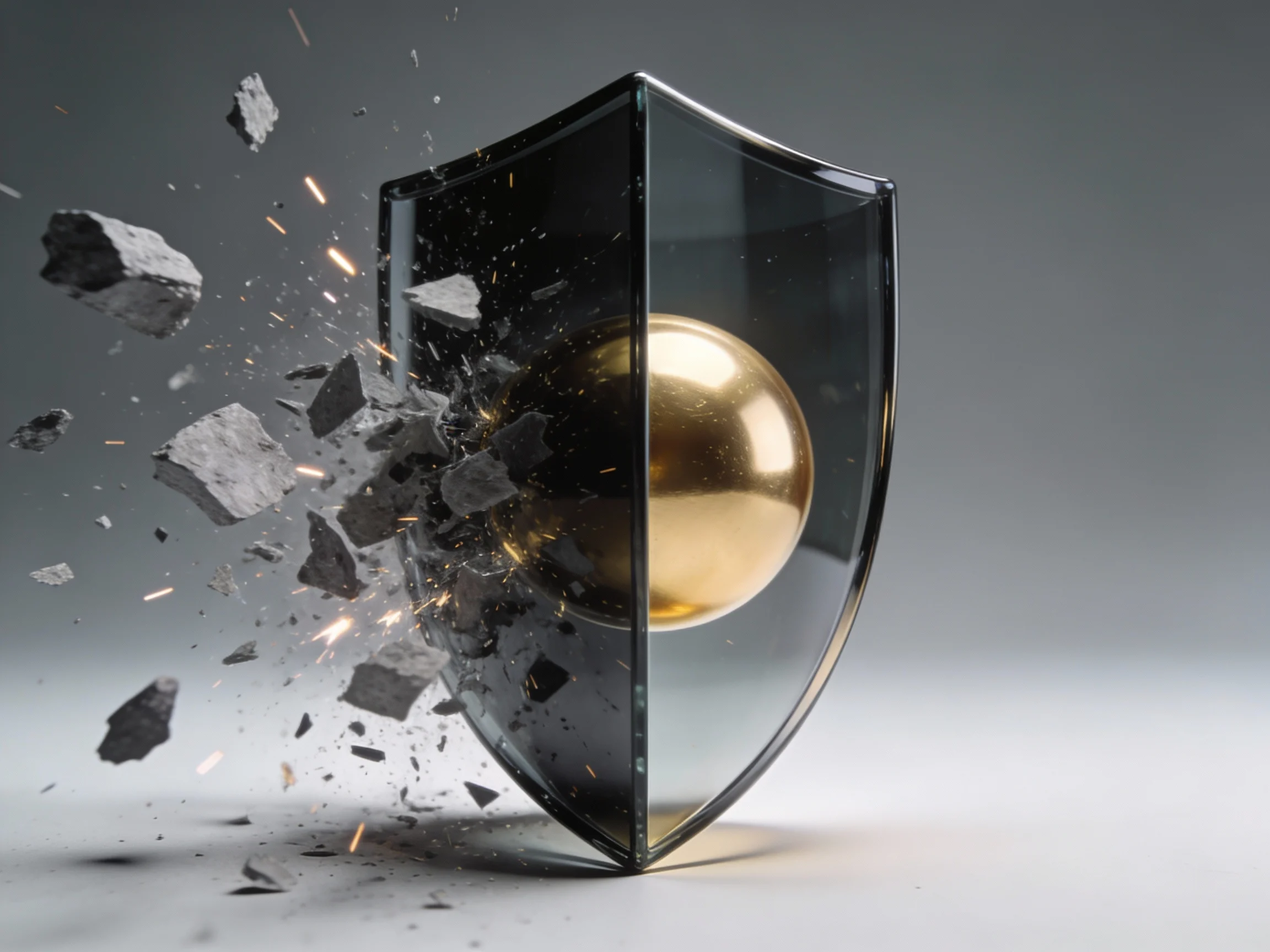 Escudo de cristal blindado protegiendo un núcleo dorado ante impactos, simbolizando la seguridad jurídica y protección de facturación frente a las sanciones del EU AI Act.