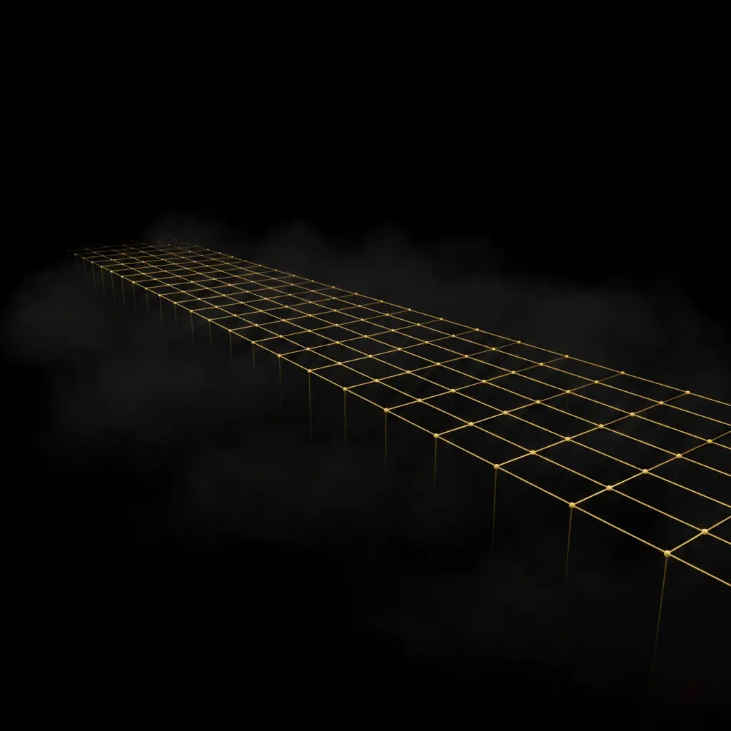 Visualización abstracta de una infraestructura de IA sólida emergiendo del caos del mercado, simbolizando la fundación precisa de un piloto de valor exitoso.