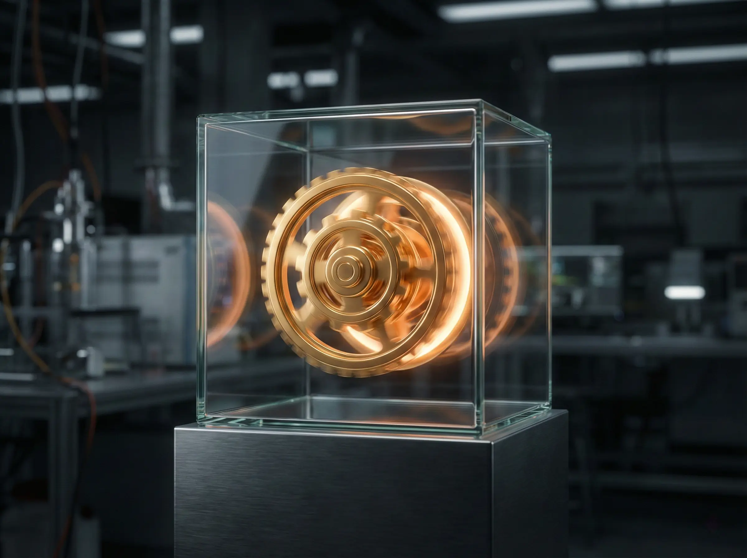 Engranaje operativo aislado en un contenedor transparente, simbolizando el despliegue de un piloto de valor medible en un entorno controlado y seguro.